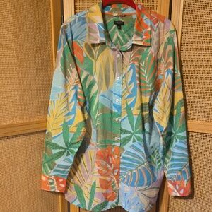Talbots 1X Colorful Tropical Print Button-Down Shirt Cotton Womens Plus Vacation